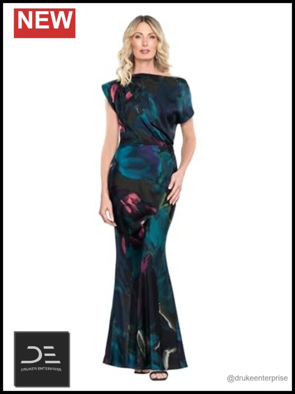 Betsy & Adam Long Satin Asymmetrical Neckline Formal Evening Dress